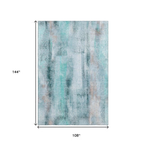 HomeRoots 9' X 12' Stylish Teal And Ivory Abstract Area Rug - Machine Washable, UV Resistant, Durable Design 648147