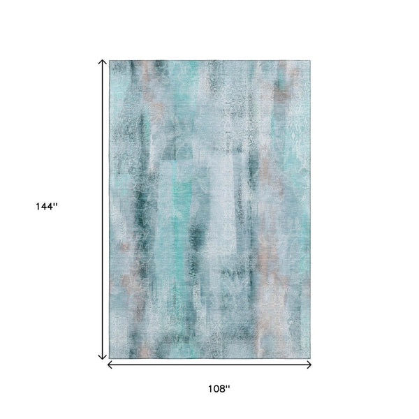 HomeRoots 9' X 12' Stylish Teal And Ivory Abstract Area Rug - Machine Washable, UV Resistant, Durable Design 648147