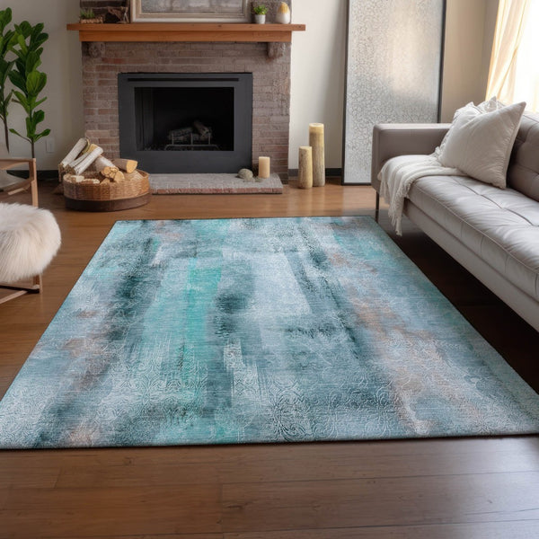 HomeRoots 9' X 12' Stylish Teal And Ivory Abstract Area Rug - Machine Washable, UV Resistant, Durable Design 648147
