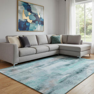 HomeRoots 9' X 12' Stylish Teal And Ivory Abstract Area Rug - Machine Washable, UV Resistant, Durable Design 648147