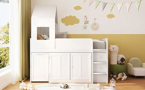 English Elm Twin House Loft Bed with Pull Out Rolling Desk Stair Drawers and Cabinet Storage White N820S00072K