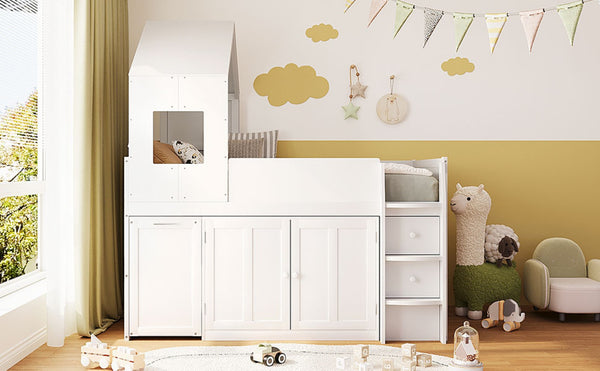English Elm Twin House Loft Bed with Pull Out Rolling Desk Stair Drawers and Cabinet Storage White N820S00072K