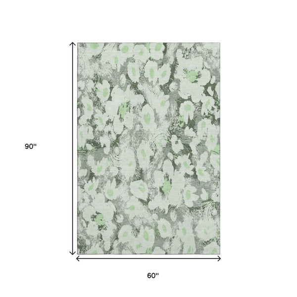 HomeRoots 5' X 8' Fern Green Gray Ivory Floral Area Rug - Stain-Resistant, UV Protected, Easy Care Design 648150