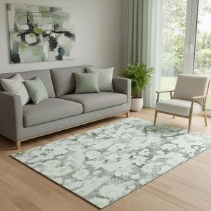 HomeRoots 5' X 8' Fern Green Gray Ivory Floral Area Rug - Stain-Resistant, UV Protected, Easy Care Design 648150
