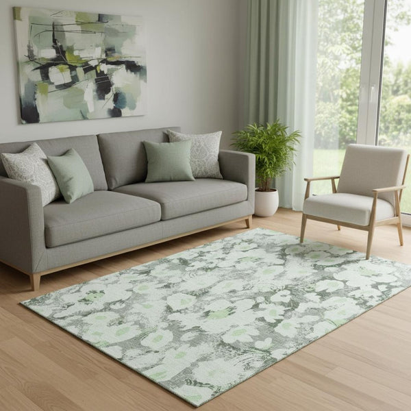 HomeRoots 5' X 8' Fern Green Gray Ivory Floral Area Rug - Stain-Resistant, UV Protected, Easy Care Design 648150