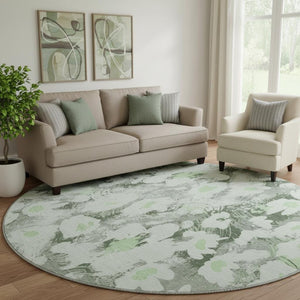 HomeRoots 8' Elegant Fern Green, Gray & Ivory Floral Washable Round Rug with UV Protection for Any Space 648151