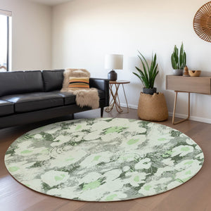HomeRoots 8' Elegant Fern Green, Gray & Ivory Floral Washable Round Rug with UV Protection for Any Space 648151
