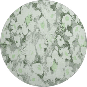 HomeRoots 8' Elegant Fern Green, Gray & Ivory Floral Washable Round Rug with UV Protection for Any Space 648151
