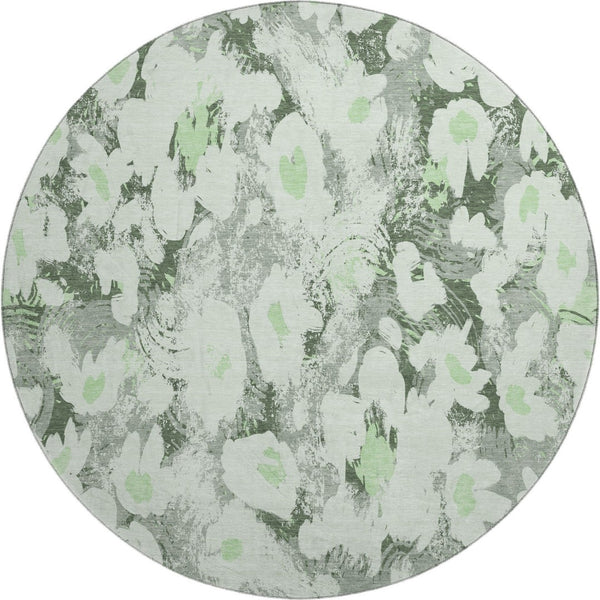 HomeRoots 8' Elegant Fern Green, Gray & Ivory Floral Washable Round Rug with UV Protection for Any Space 648151