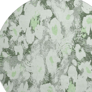 HomeRoots 8' Elegant Fern Green, Gray & Ivory Floral Washable Round Rug with UV Protection for Any Space 648151