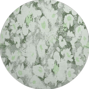 HomeRoots 8' Elegant Fern Green, Gray & Ivory Floral Washable Round Rug with UV Protection for Any Space 648151
