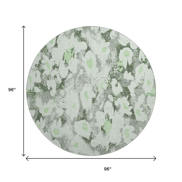 HomeRoots 8' Elegant Fern Green, Gray & Ivory Floral Washable Round Rug with UV Protection for Any Space 648151
