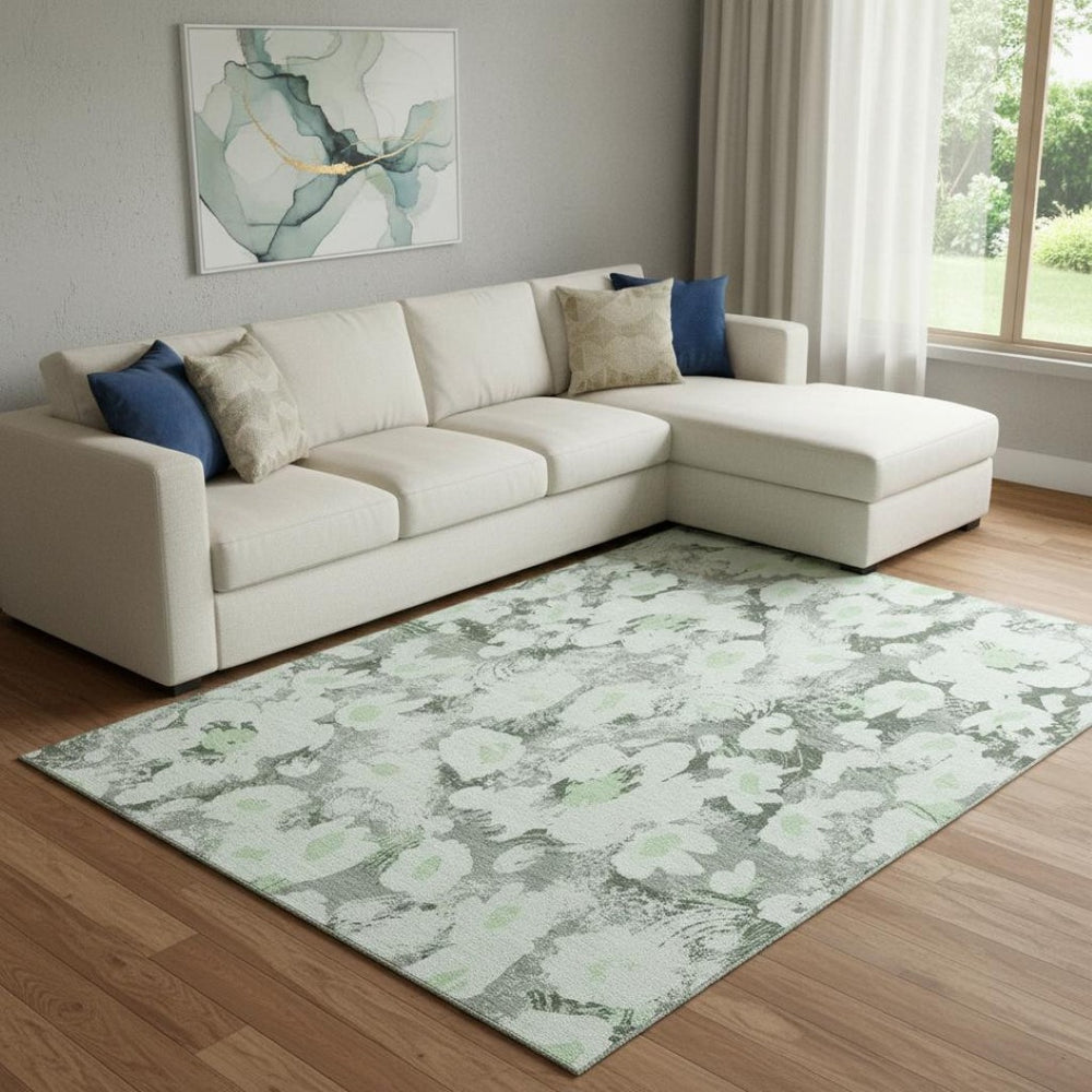 HomeRoots 8' X 10' Floral Area Rug in Fern Green, Gray & Ivory - Washable, UV-Protected & Stain-Resistant! 648152