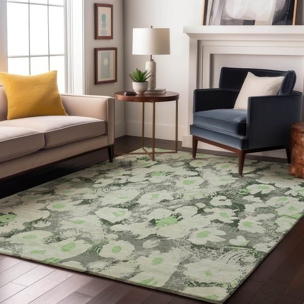 HomeRoots 8' X 10' Floral Area Rug in Fern Green, Gray & Ivory - Washable, UV-Protected & Stain-Resistant! 648152