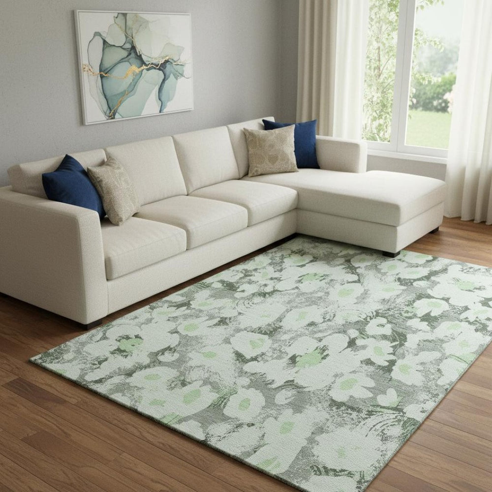 HomeRoots 9' X 12' Floral Area Rug in Fern Green, Gray & Ivory - Durable, Washable, UV Protected for Style! 648153