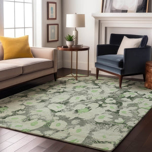 HomeRoots 9' X 12' Floral Area Rug in Fern Green, Gray & Ivory - Durable, Washable, UV Protected for Style! 648153