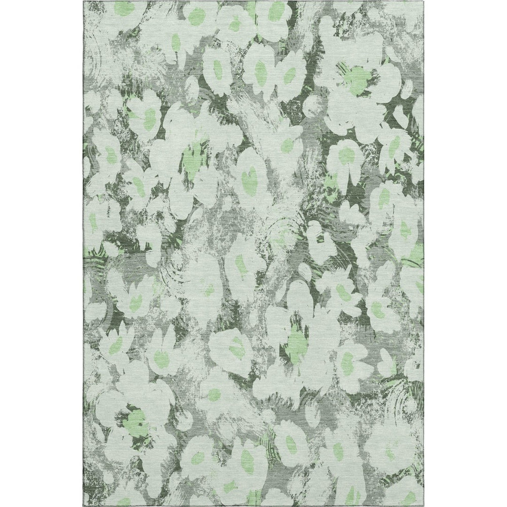 HomeRoots 9' X 12' Floral Area Rug in Fern Green, Gray & Ivory - Durable, Washable, UV Protected for Style! 648153