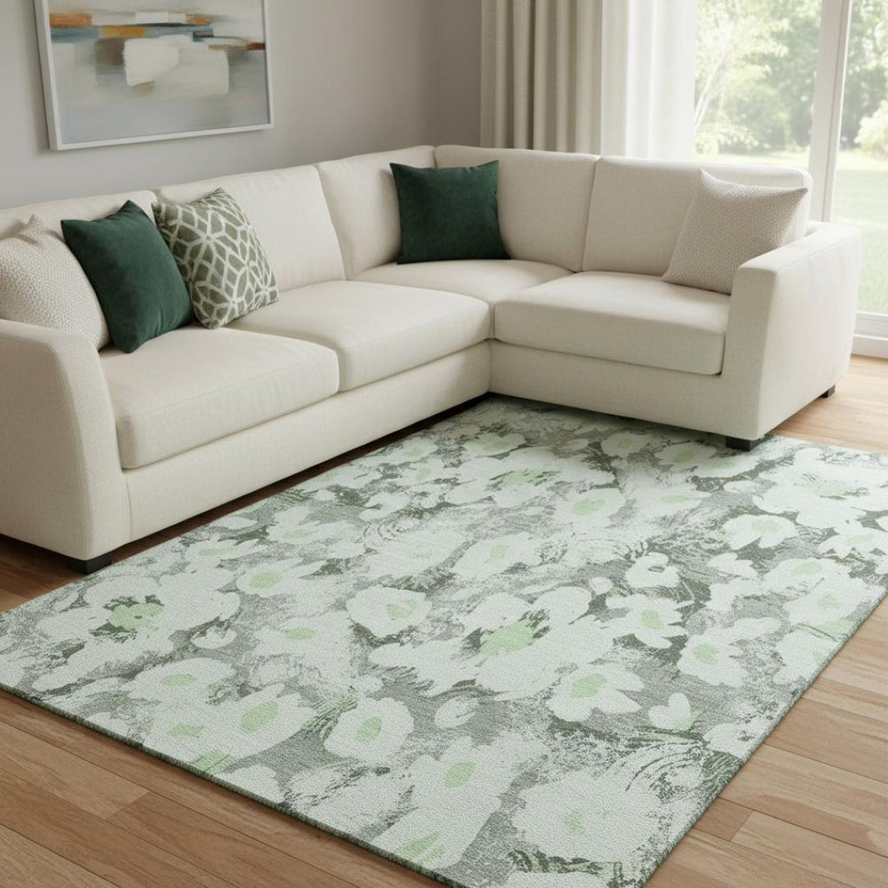 HomeRoots 10' Washable Floral Area Rug in Fern Green, Gray & Ivory – UV Protected, Pet-Friendly & Stylish! 648154