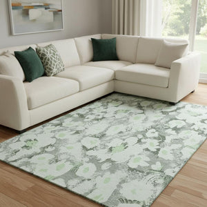 HomeRoots 10' Washable Floral Area Rug in Fern Green, Gray & Ivory – UV Protected, Pet-Friendly & Stylish! 648154