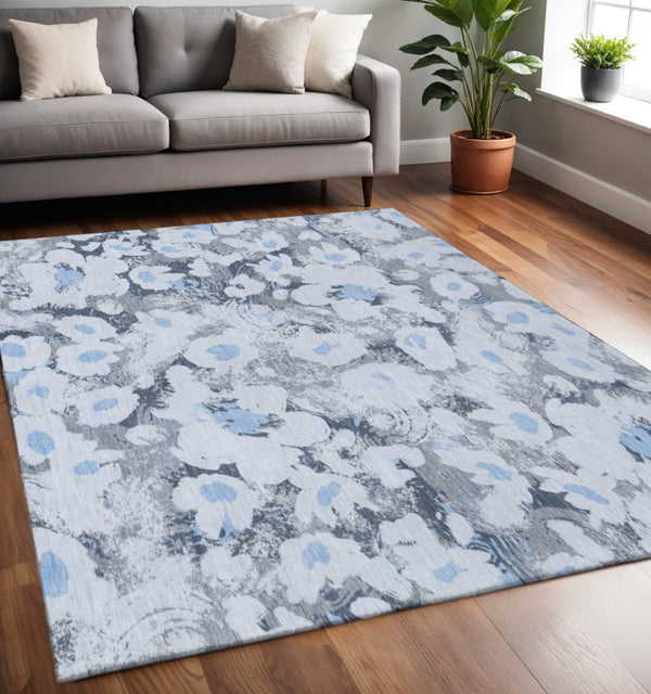 HomeRoots 5' X 8' Denim Blue Gray Ivory Floral Area Rug - Stain Resistant, UV Protected, Stylish & Durable Decor 648156
