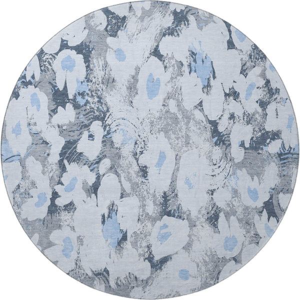 HomeRoots 8' Floral Area Rug in Denim Blue, Gray & Ivory - Washable, UV-Protected, Durable for Any Space 648157