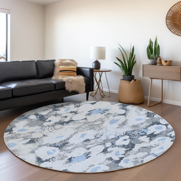 HomeRoots 8' Floral Area Rug in Denim Blue, Gray & Ivory - Washable, UV-Protected, Durable for Any Space 648157