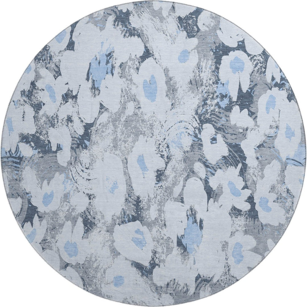 HomeRoots 8' Floral Area Rug in Denim Blue, Gray & Ivory - Washable, UV-Protected, Durable for Any Space 648157