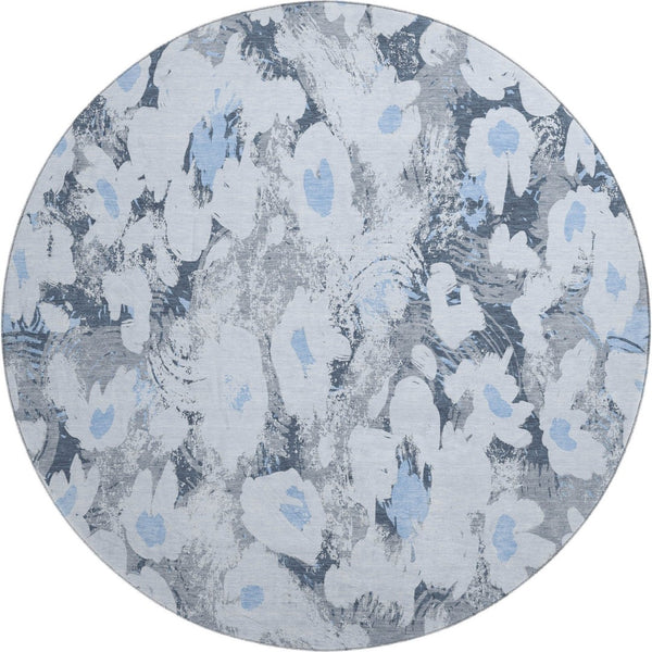 HomeRoots 8' Floral Area Rug in Denim Blue, Gray & Ivory - Washable, UV-Protected, Durable for Any Space 648157