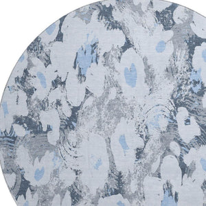 HomeRoots 8' Floral Area Rug in Denim Blue, Gray & Ivory - Washable, UV-Protected, Durable for Any Space 648157