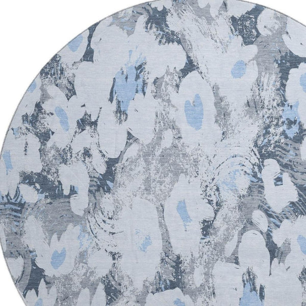HomeRoots 8' Floral Area Rug in Denim Blue, Gray & Ivory - Washable, UV-Protected, Durable for Any Space 648157