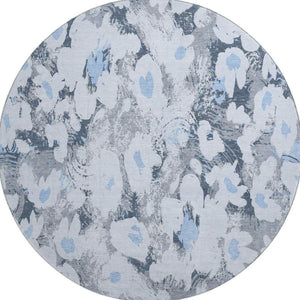 HomeRoots 8' Floral Area Rug in Denim Blue, Gray & Ivory - Washable, UV-Protected, Durable for Any Space 648157
