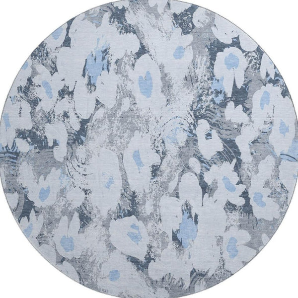 HomeRoots 8' Floral Area Rug in Denim Blue, Gray & Ivory - Washable, UV-Protected, Durable for Any Space 648157
