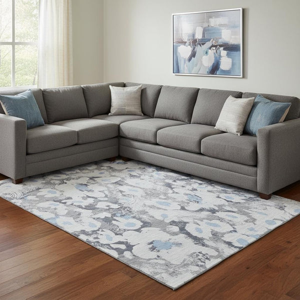 HomeRoots 8' X 10' Washable Denim Blue Gray Floral Area Rug - Durable, Stain-Resistant, UV Protected Design 648158