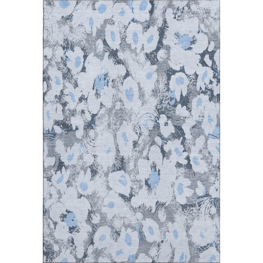 HomeRoots 8' X 10' Washable Denim Blue Gray Floral Area Rug - Durable, Stain-Resistant, UV Protected Design 648158