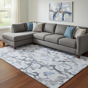 HomeRoots 9' X 12' Denim Blue Gray Floral Area Rug - Washable, UV Protected, Perfect for Family Spaces & Decor 648159