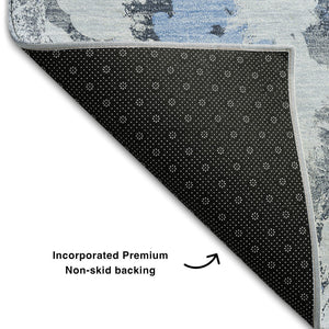 HomeRoots 9' X 12' Denim Blue Gray Floral Area Rug - Washable, UV Protected, Perfect for Family Spaces & Decor 648159