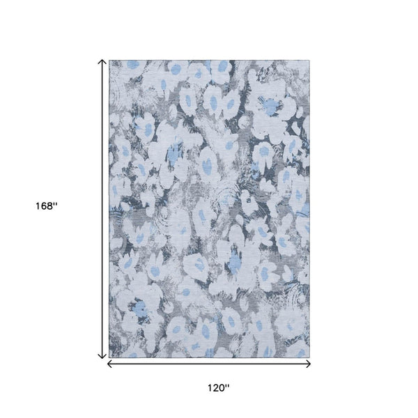 HomeRoots 10' X 14' Floral Washable Area Rug in Denim Blue, Gray & Ivory – Stain Resistant & UV Protected! 648160