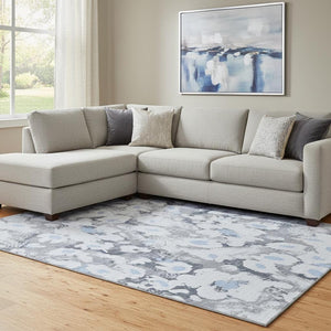 HomeRoots 10' X 14' Floral Washable Area Rug in Denim Blue, Gray & Ivory – Stain Resistant & UV Protected! 648160