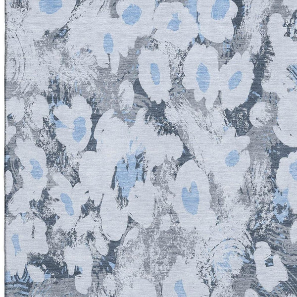 HomeRoots 10' X 14' Floral Washable Area Rug in Denim Blue, Gray & Ivory – Stain Resistant & UV Protected! 648160