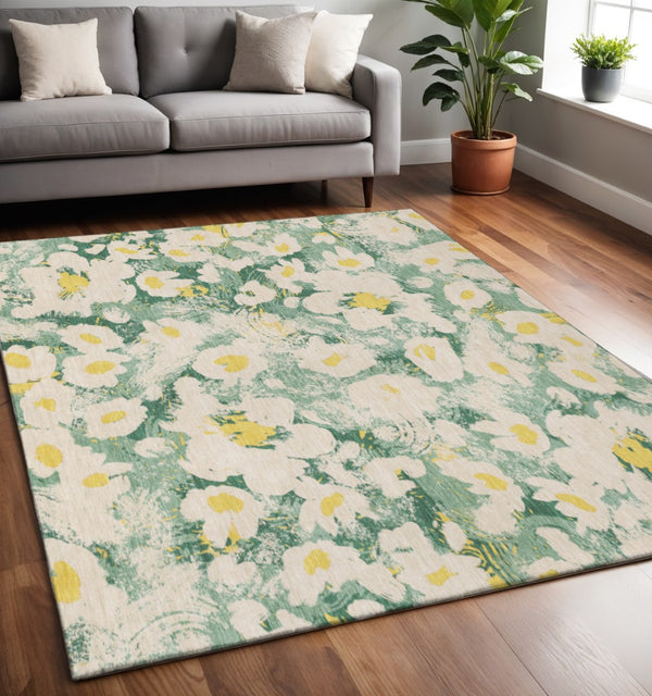 HomeRoots 5' X 8' Floral Area Rug in Green, Yellow & Ivory - Washable, UV Protected, Durable & Stylish Home Accent 648162