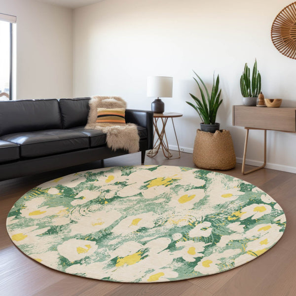 HomeRoots 8' Floral Round Rug in Green, Yellow & Ivory - Washable, UV-Protected & Perfect for High-Traffic Areas 648163