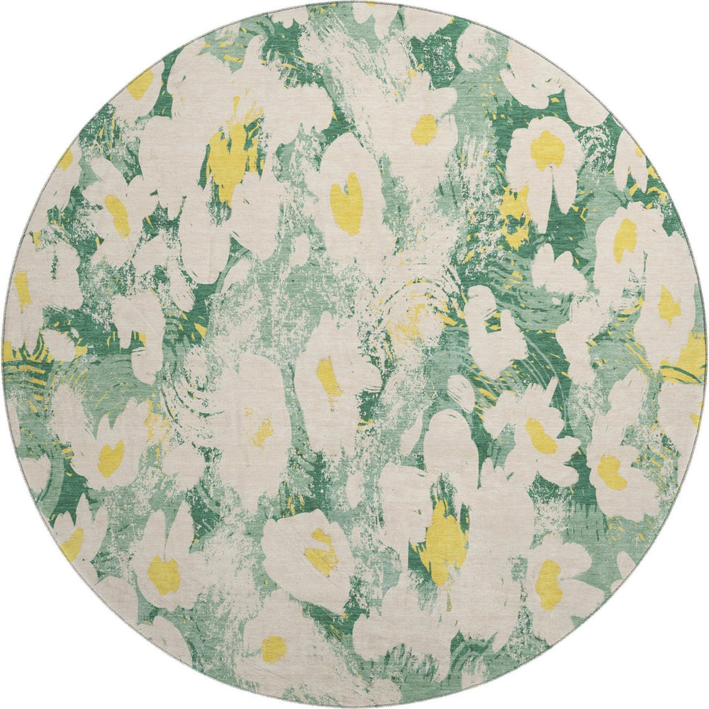 HomeRoots 8' Floral Round Rug in Green, Yellow & Ivory - Washable, UV-Protected & Perfect for High-Traffic Areas 648163