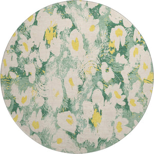HomeRoots 8' Floral Round Rug in Green, Yellow & Ivory - Washable, UV-Protected & Perfect for High-Traffic Areas 648163
