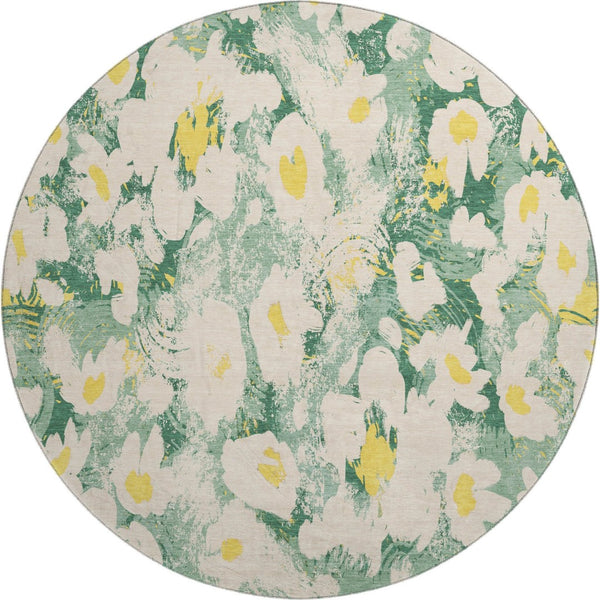 HomeRoots 8' Floral Round Rug in Green, Yellow & Ivory - Washable, UV-Protected & Perfect for High-Traffic Areas 648163
