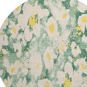 HomeRoots 8' Floral Round Rug in Green, Yellow & Ivory - Washable, UV-Protected & Perfect for High-Traffic Areas 648163