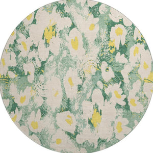 HomeRoots 8' Floral Round Rug in Green, Yellow & Ivory - Washable, UV-Protected & Perfect for High-Traffic Areas 648163