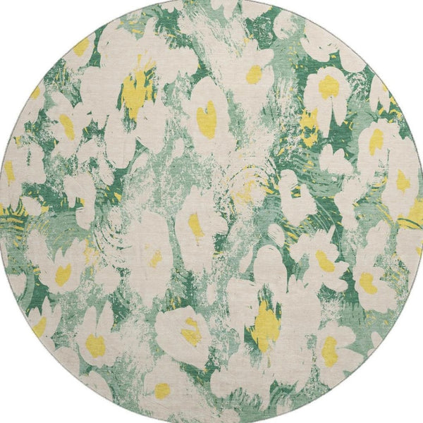 HomeRoots 8' Floral Round Rug in Green, Yellow & Ivory - Washable, UV-Protected & Perfect for High-Traffic Areas 648163