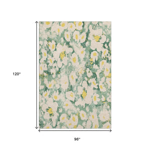 HomeRoots 8' X 10' Washable Floral Area Rug in Green, Yellow & Ivory – UV Protected, Stain Resistant Design 648164