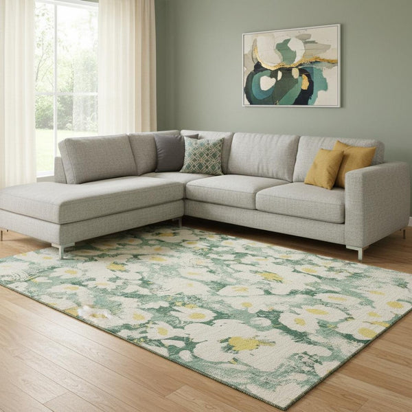 HomeRoots 8' X 10' Washable Floral Area Rug in Green, Yellow & Ivory – UV Protected, Stain Resistant Design 648164