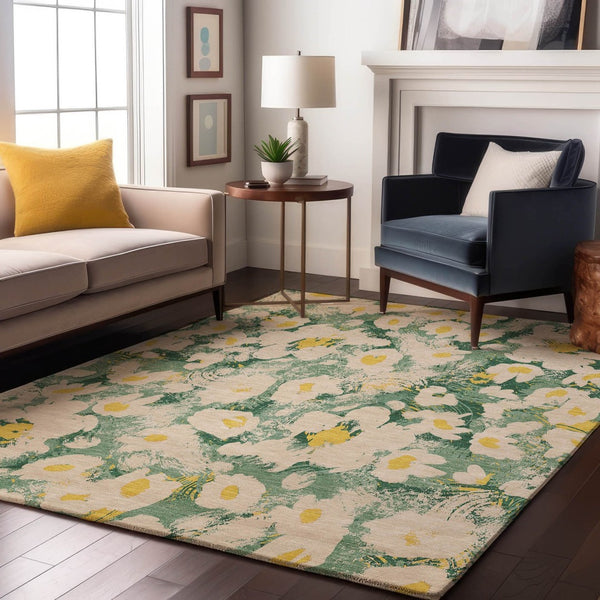 HomeRoots 8' X 10' Washable Floral Area Rug in Green, Yellow & Ivory – UV Protected, Stain Resistant Design 648164